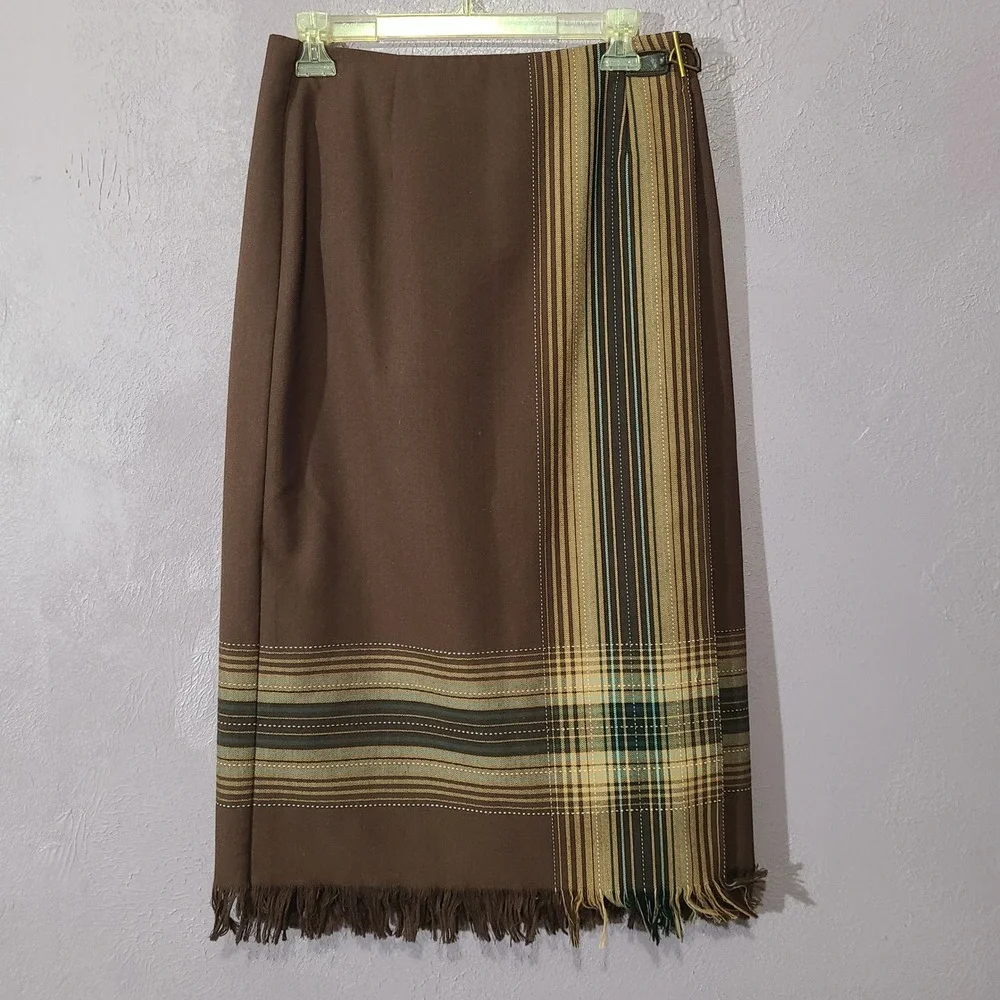 Vintage Sag Harbor Brown Plaid Lined Fringe Blanket Wrap Skirt 8 Petite - Picture 1 of 7